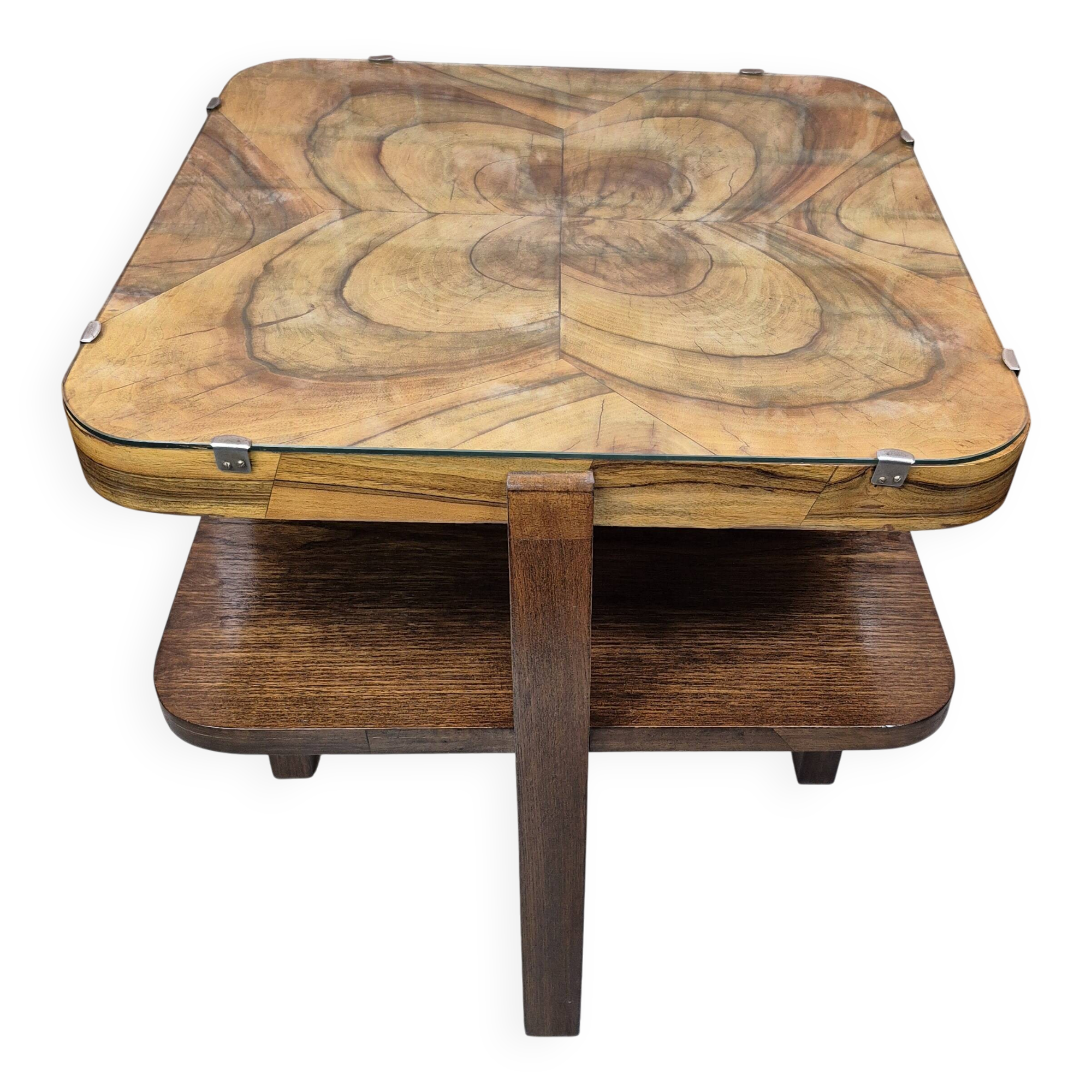 Restored Art Deco Walnut and Oak Side Table with Original Glass 1930s