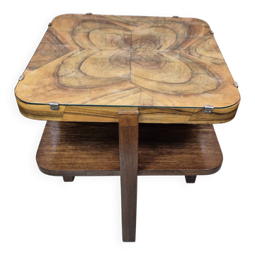 Restored Art Deco Walnut and Oak Side Table with Original Glass 1930s