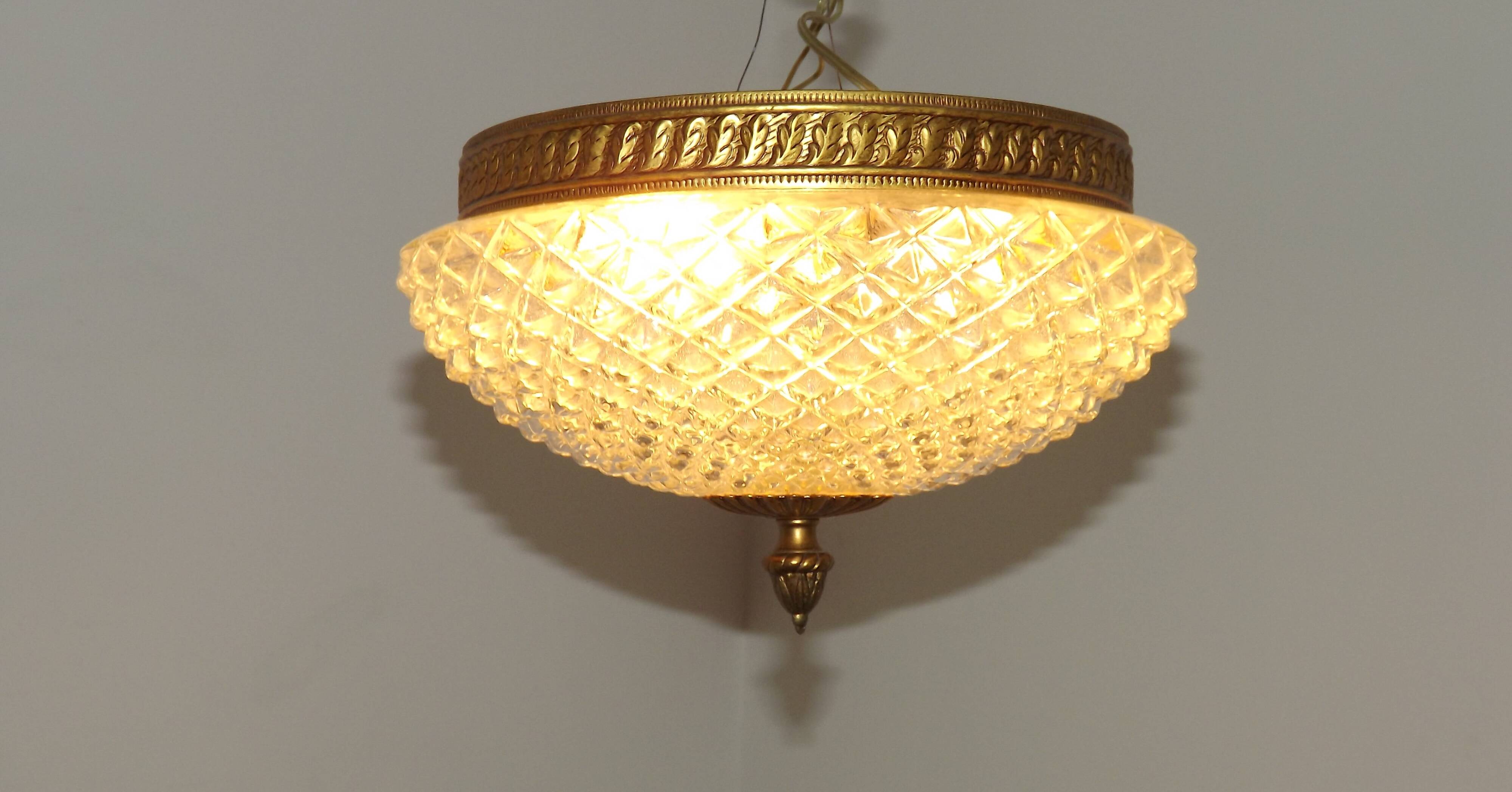Brass and crystal diamond point ceiling light, France