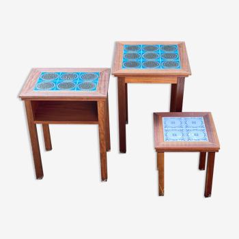 Trio of Danish Nest of Teakwood Table with Ceramic Tops