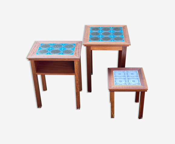 Trio of Danish Nest of Teakwood Table with Ceramic Tops