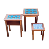 Trio of Danish Nest of Teakwood Table with Ceramic Tops