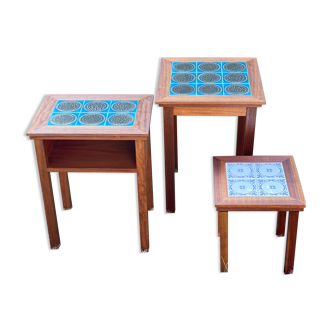 Trio of Danish Nest of Teakwood Table with Ceramic Tops