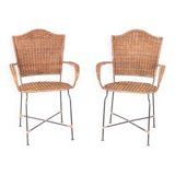 Pair of wicker and iron armchairs