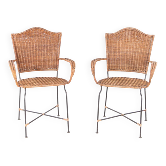 Paire de fauteuils en osier et fer