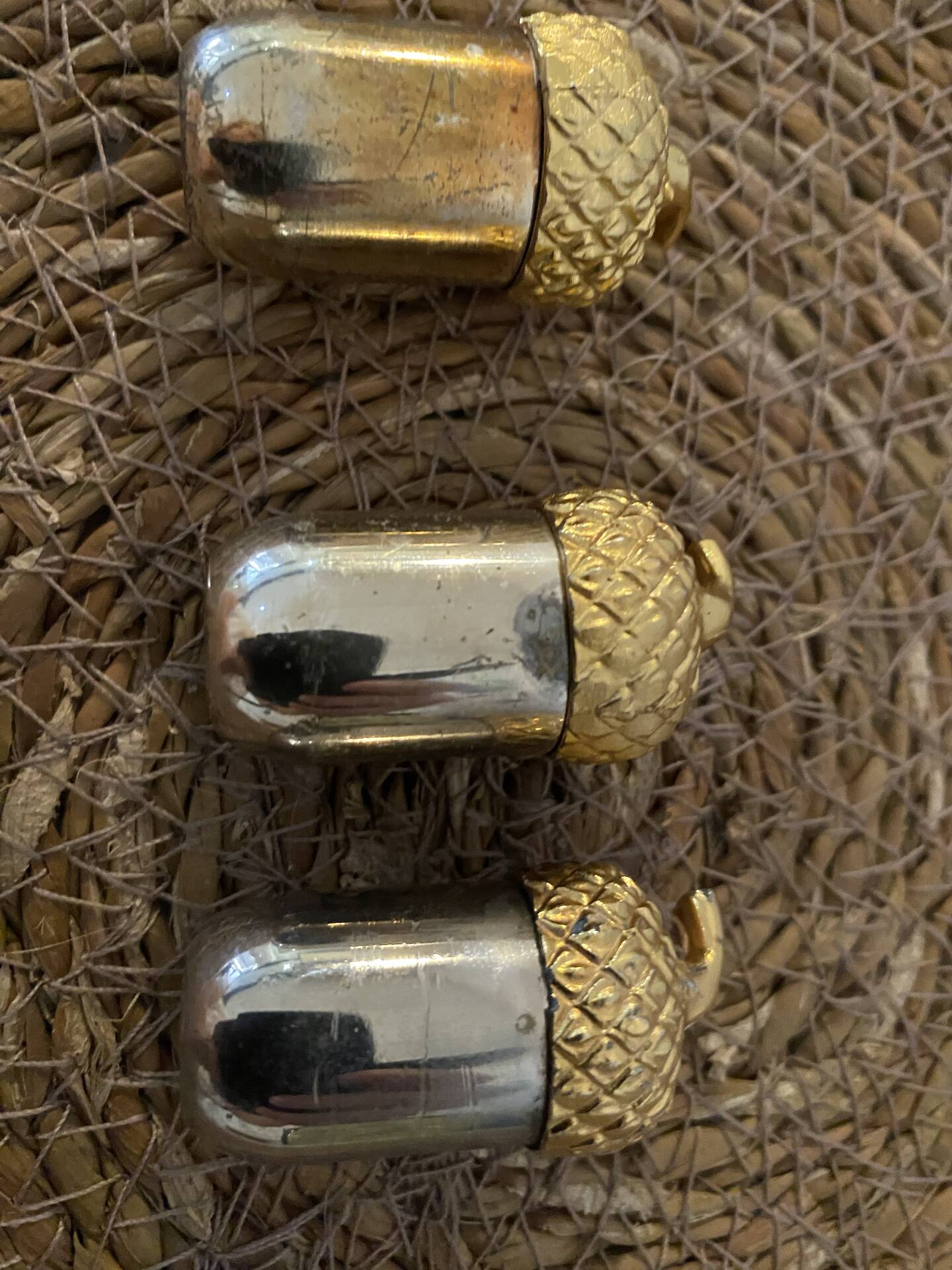 🌟 Vintage Trio of Acorn Salt and Pepper Shakers (Silver & Gold Metal)