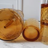Set of carafe and 3 amber whisky glasses 70s