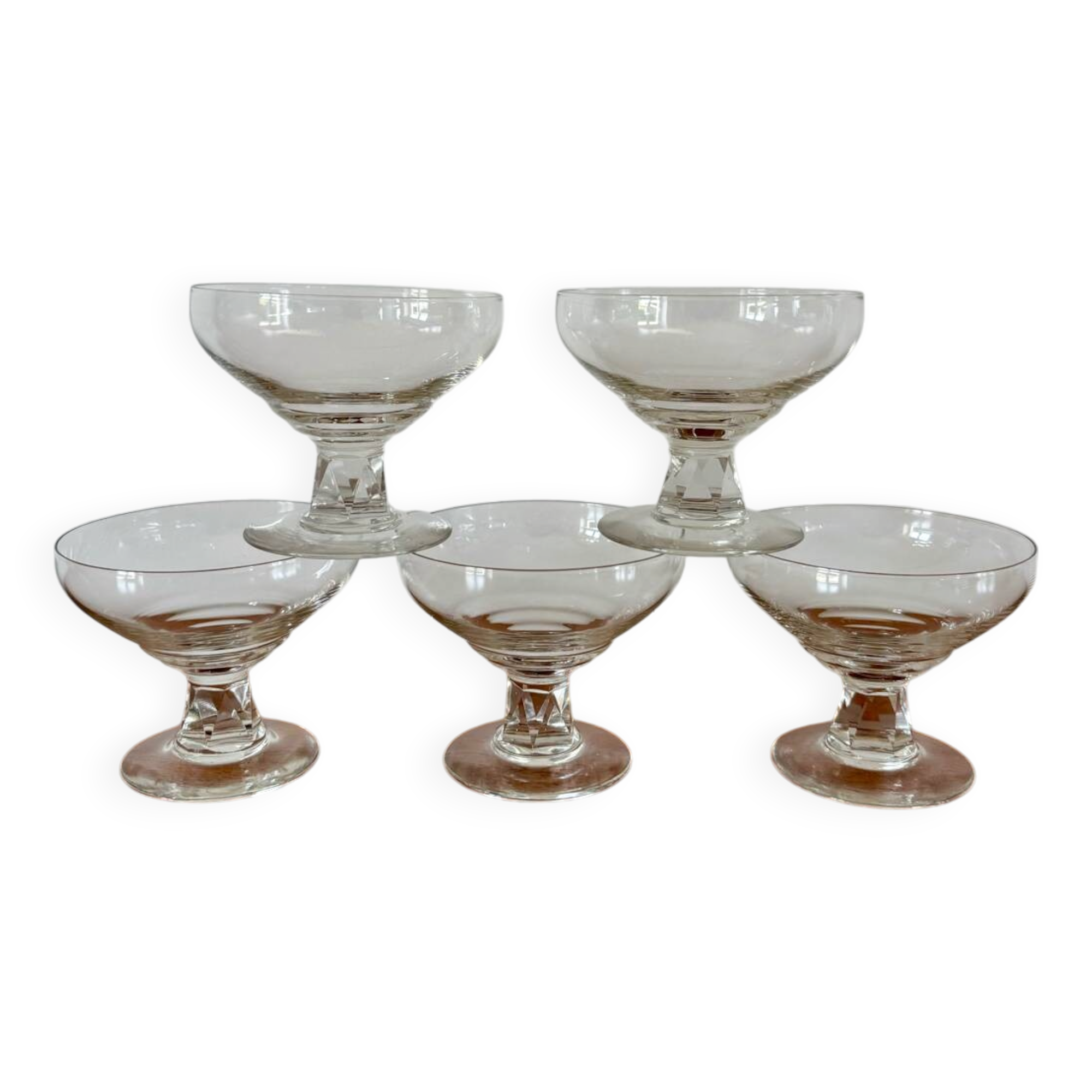 set of 5 crystal champagne glasses, worked and faceted feet, 1960