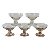 set of 5 crystal champagne glasses, worked and faceted feet, 1960