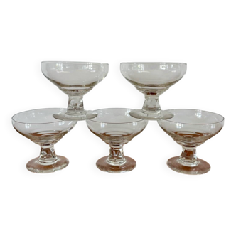 set of 5 crystal champagne glasses, worked and faceted feet, 1960