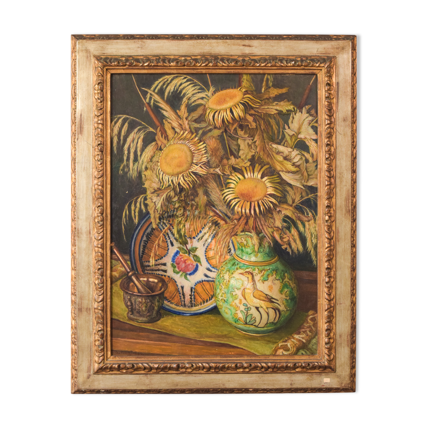 Still life with sunflowers and majolica jug