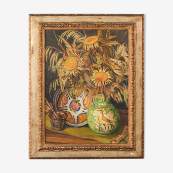Still life with sunflowers and majolica jug
