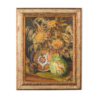 Still life with sunflowers and majolica jug