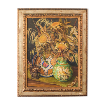 Nature morte aux tournesols et pichet en majolique