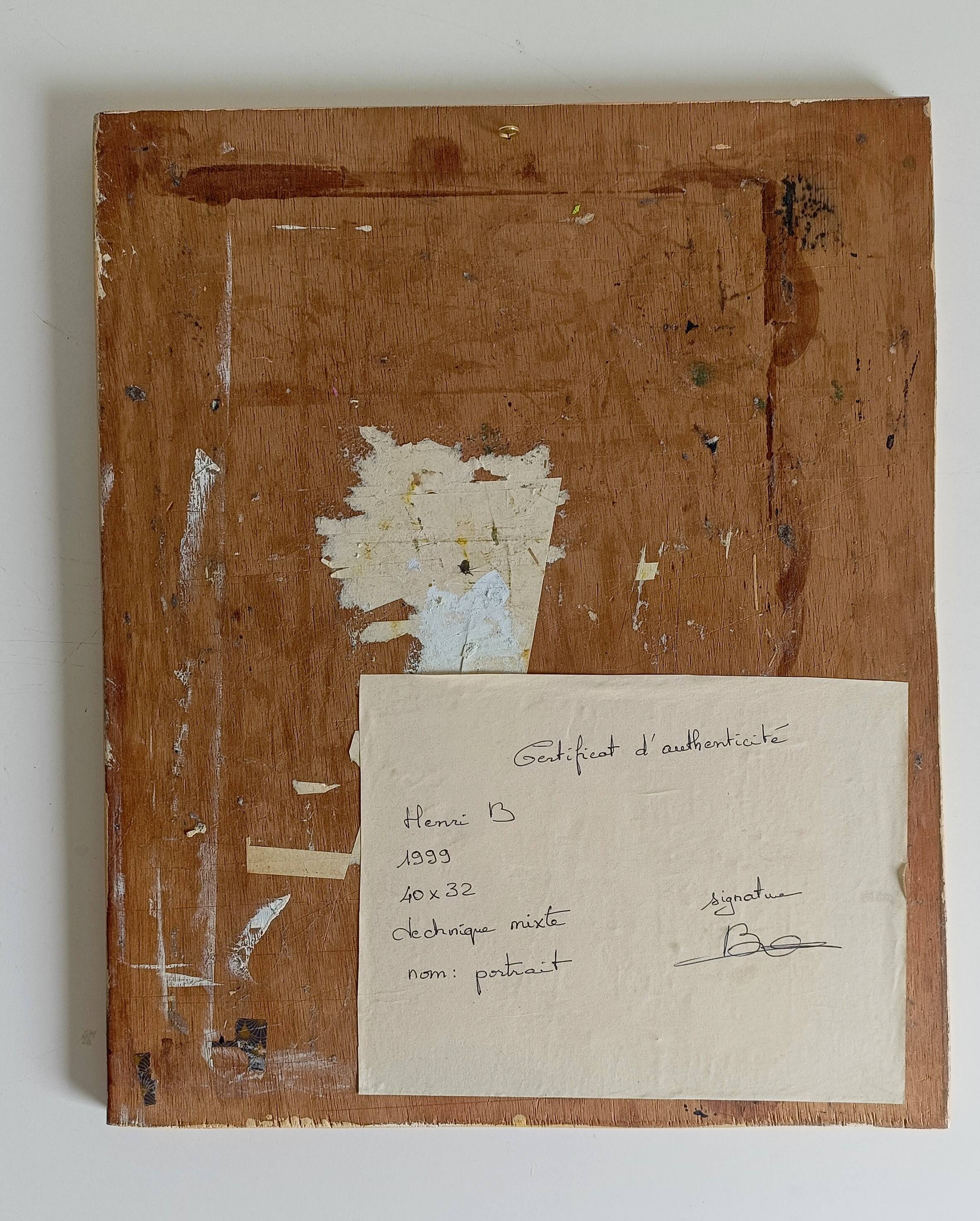 Abstract neo-primitive French portrait painting, mixed media on panel, 1999