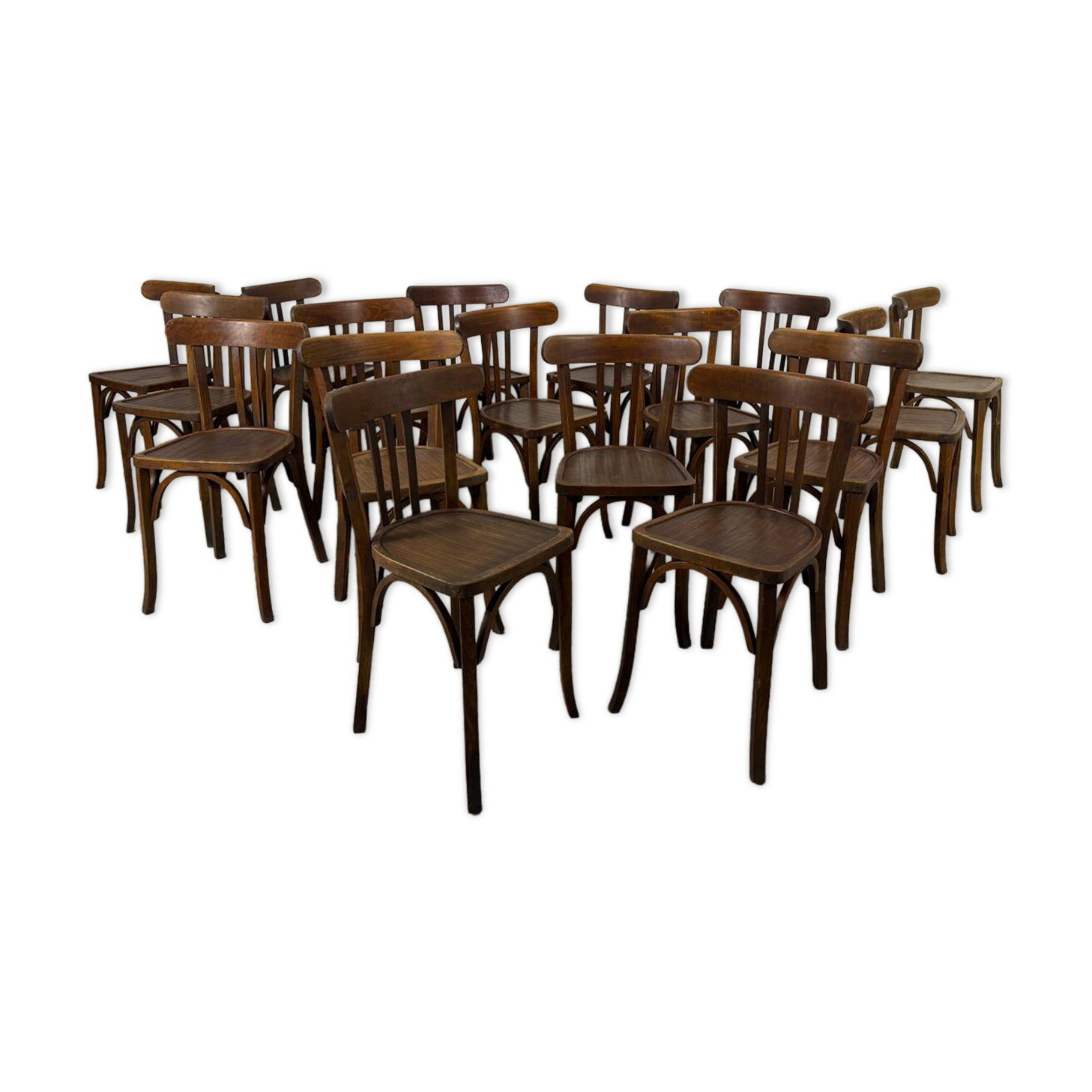 Set of 17 vintage bistro chairs in curved wood — striped seat, be