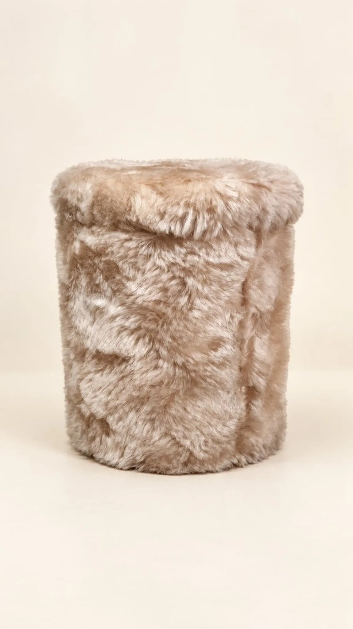 Beige faux fur cylindrical storage pouffe bohemian