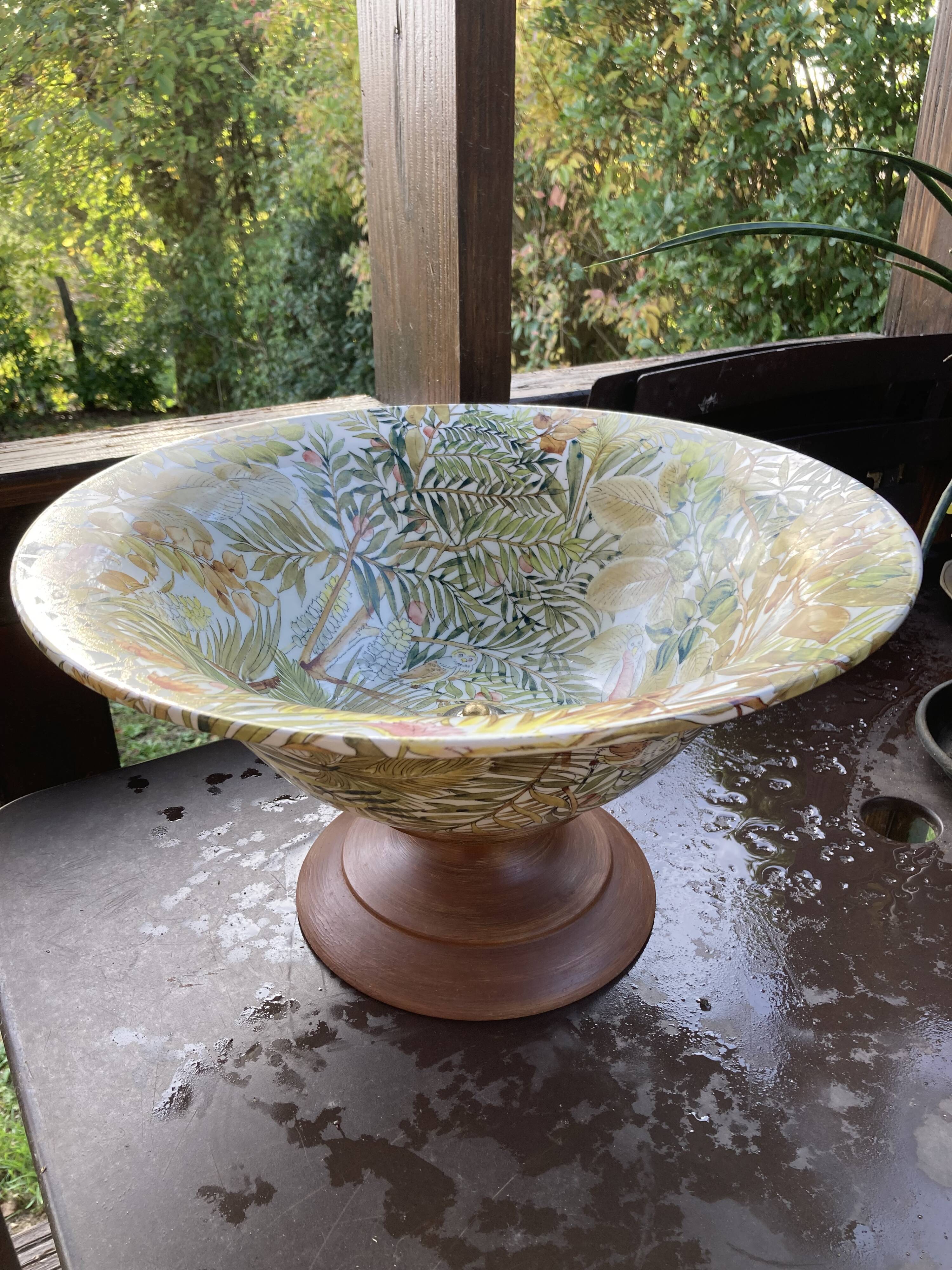 Rare lancel footed bowl in ceramic and wood with jungle decoration, made in italy