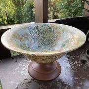 Rare lancel footed bowl in ceramic and wood with jungle decoration, made in italy