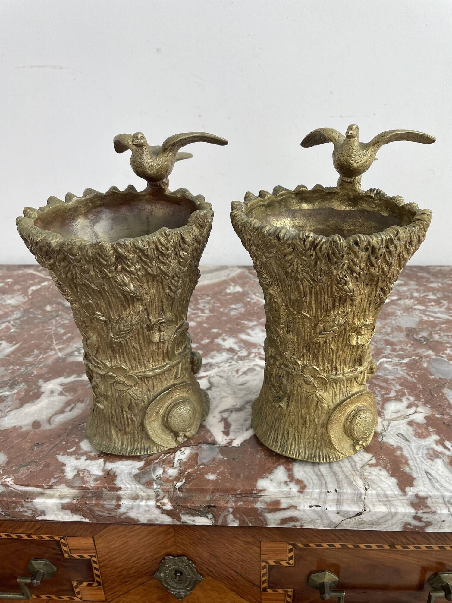 Pair of vases, solid bronze, gilded, early 20th century work, dove decoration, sheaf of wheat, art