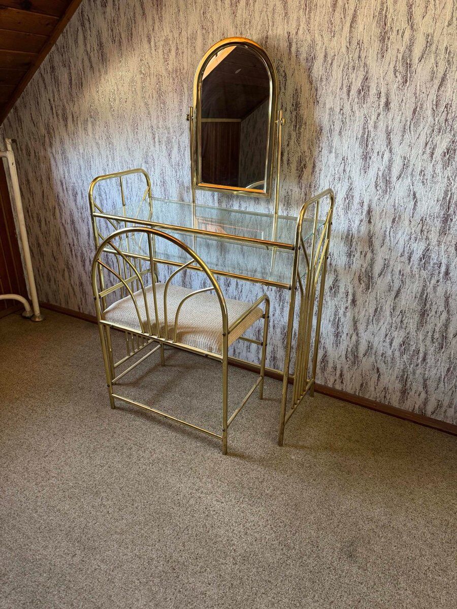 Vintage dressing table and stool in brass, 1950s, set of 2