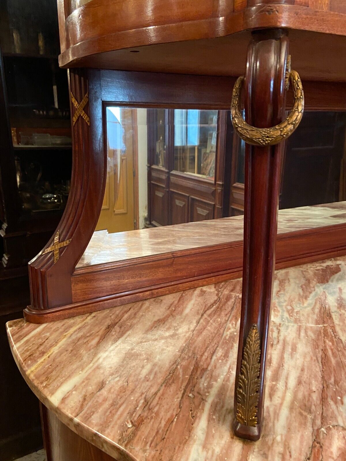 Sideboard two body mirror top marble decoration inlaid bronze Louis XVI