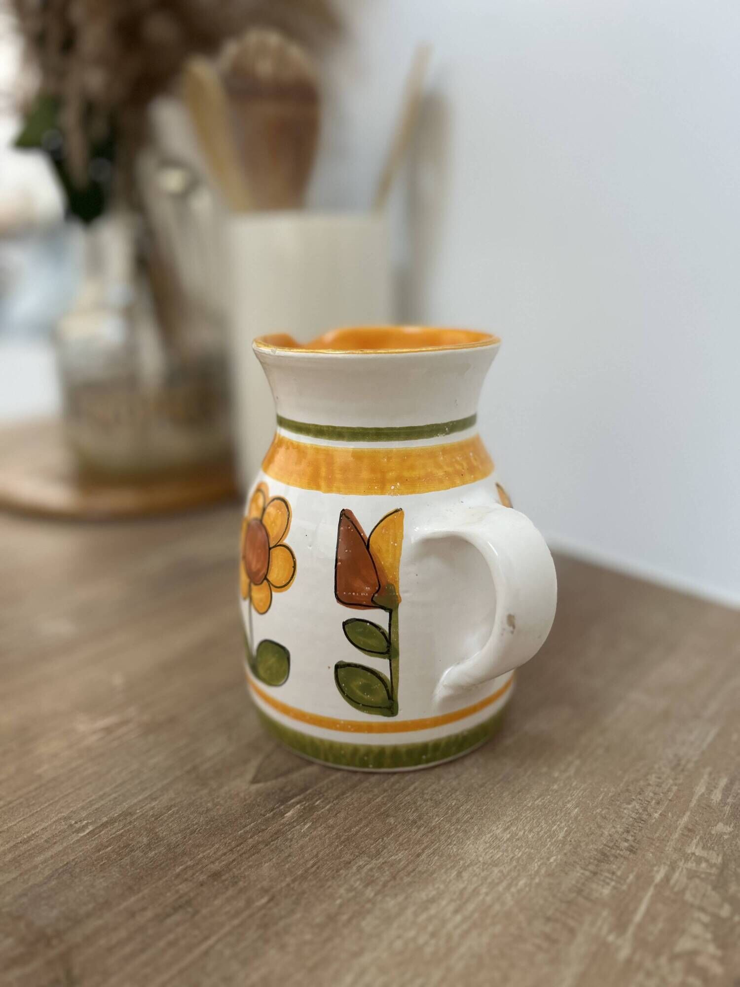 Small vintage ceramic jug signed – hand-painted floral decoration – 13 cm