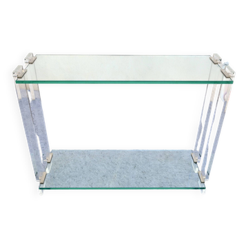 Marais International glass and plexiglass console design, around 1980.