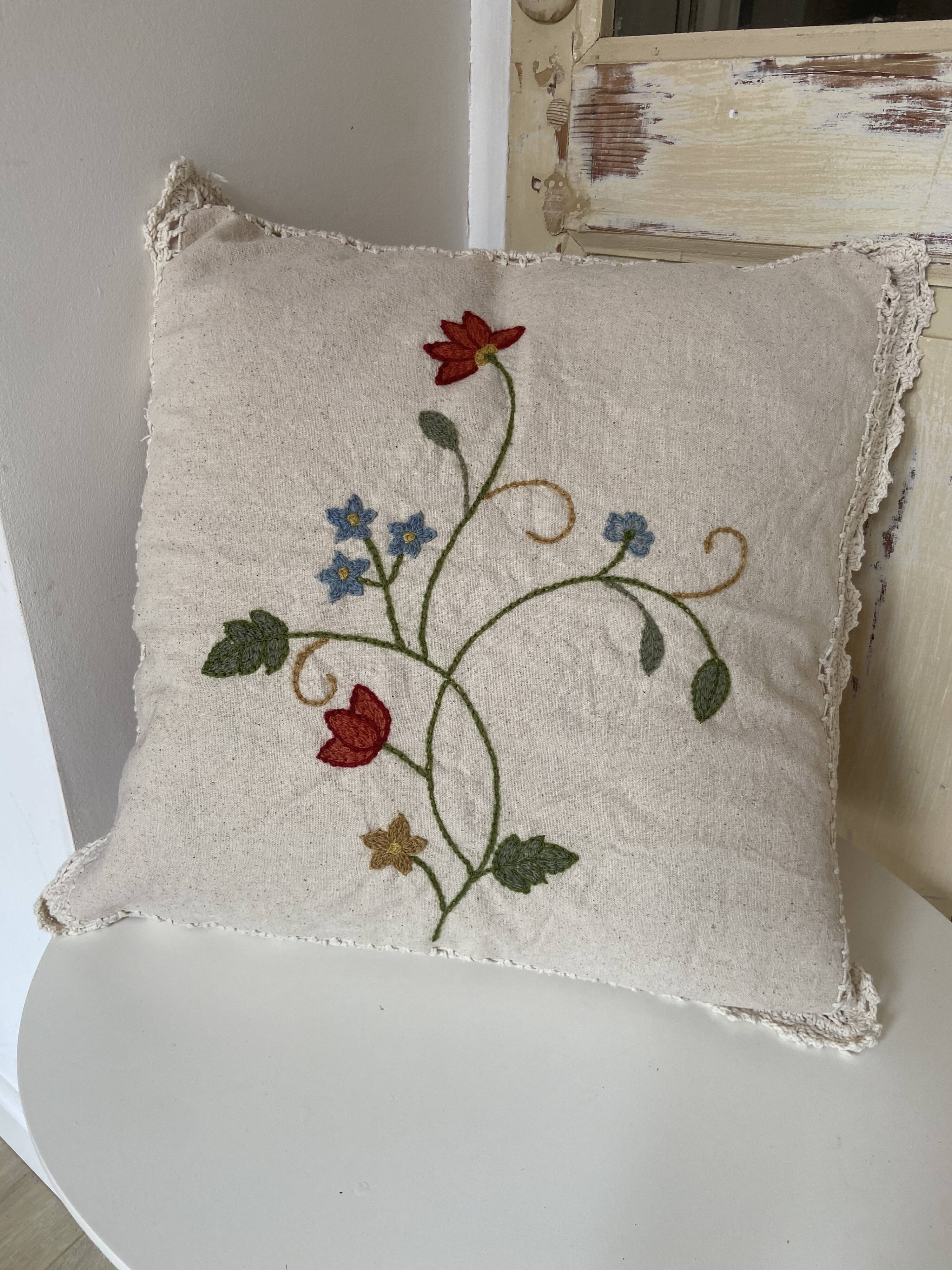 Linen Cushion Cover Embroidered with Flowers