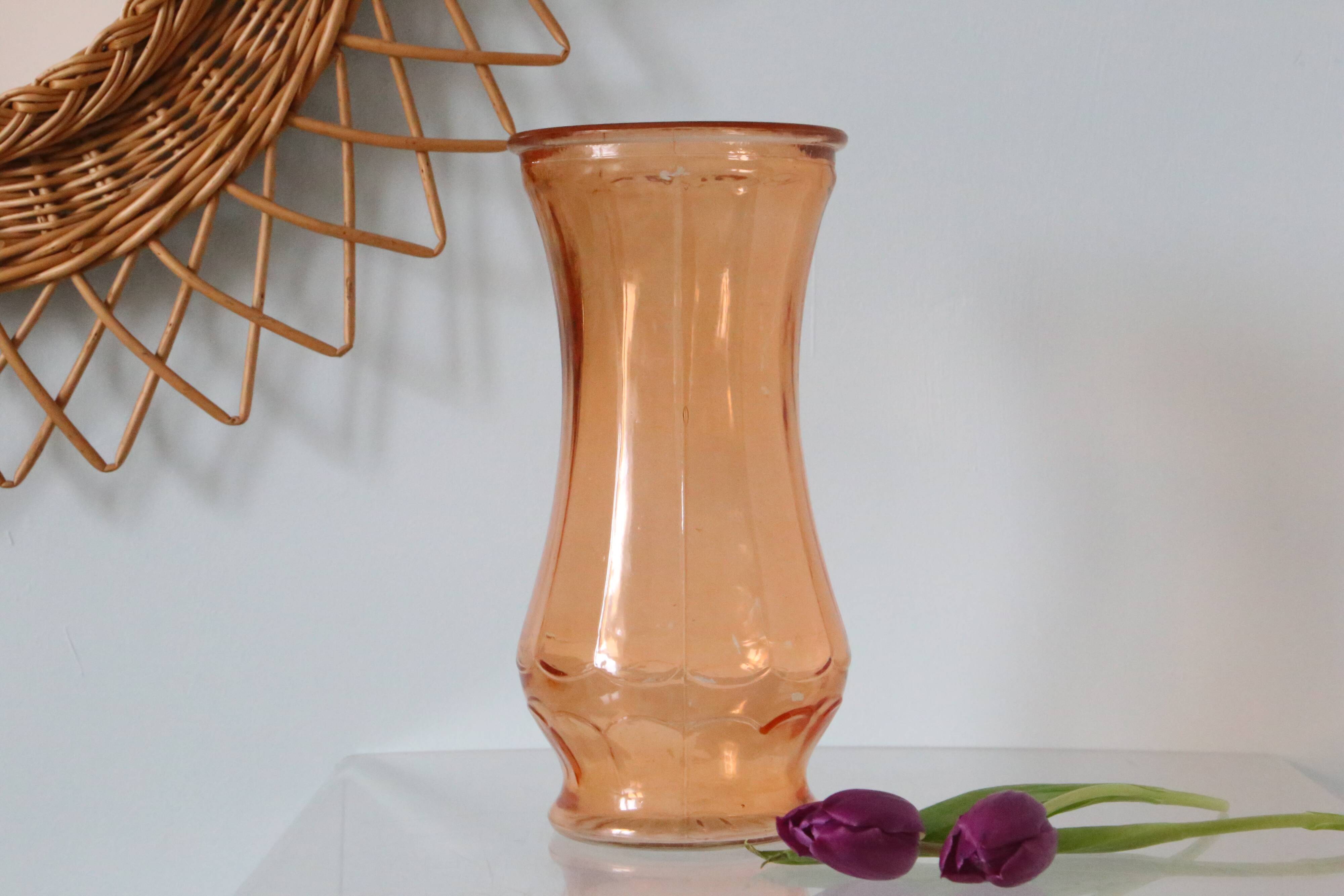 Large glass vase, apricot, French vintage, authentic