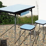 Blue formica table and two stools