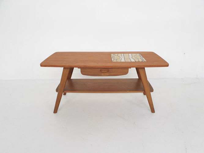 Mid-century teak coffee table with tiles and drawer, 1950