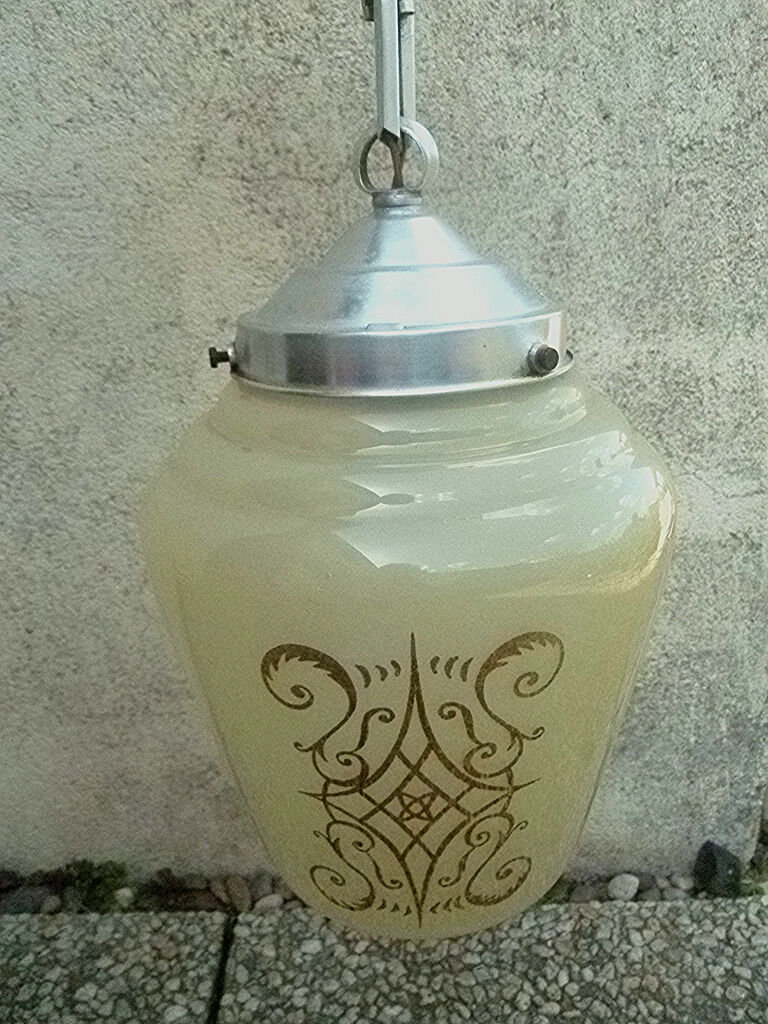 Oblong pendant lamp in decorated glass, vintage