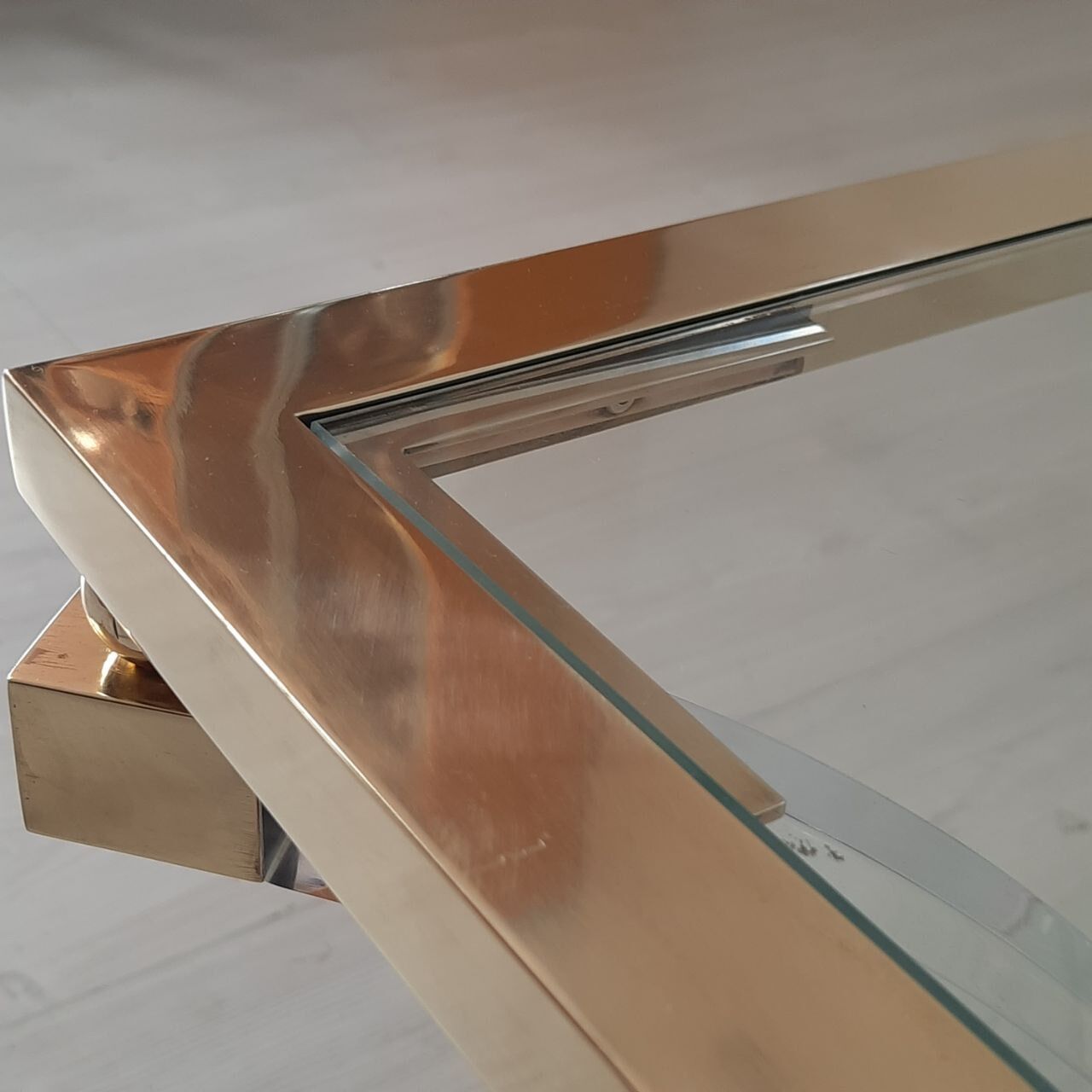 Square coffee table, lucite, brass and glass, Hollywood Regency