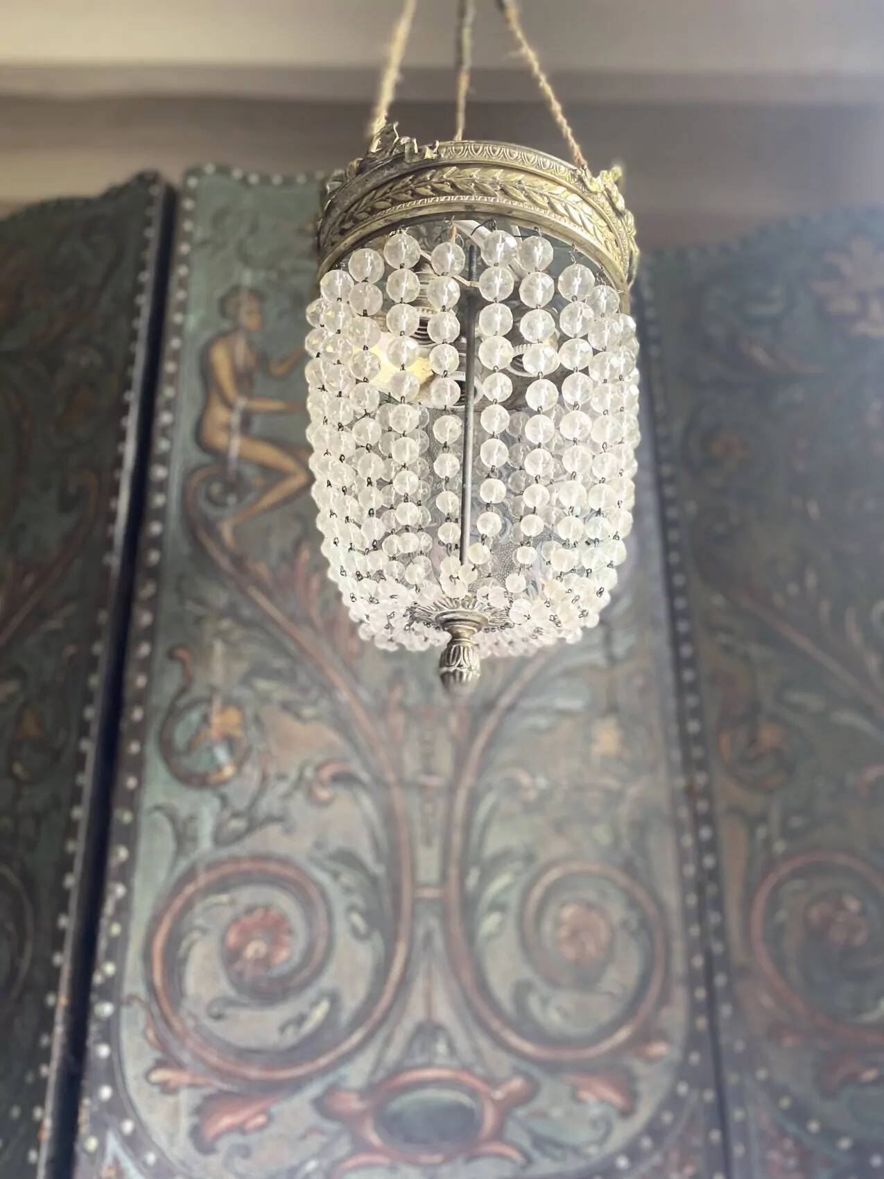 Lustre montgolfière Louis XVI – Bronze doré & pampilles – Époque 1900