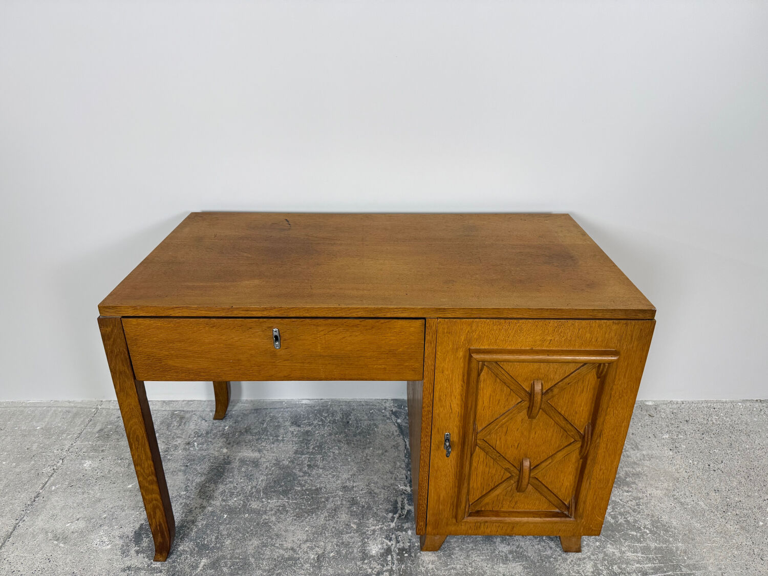 Vintage 1950s honey oak desk - tapered legs - unique piece