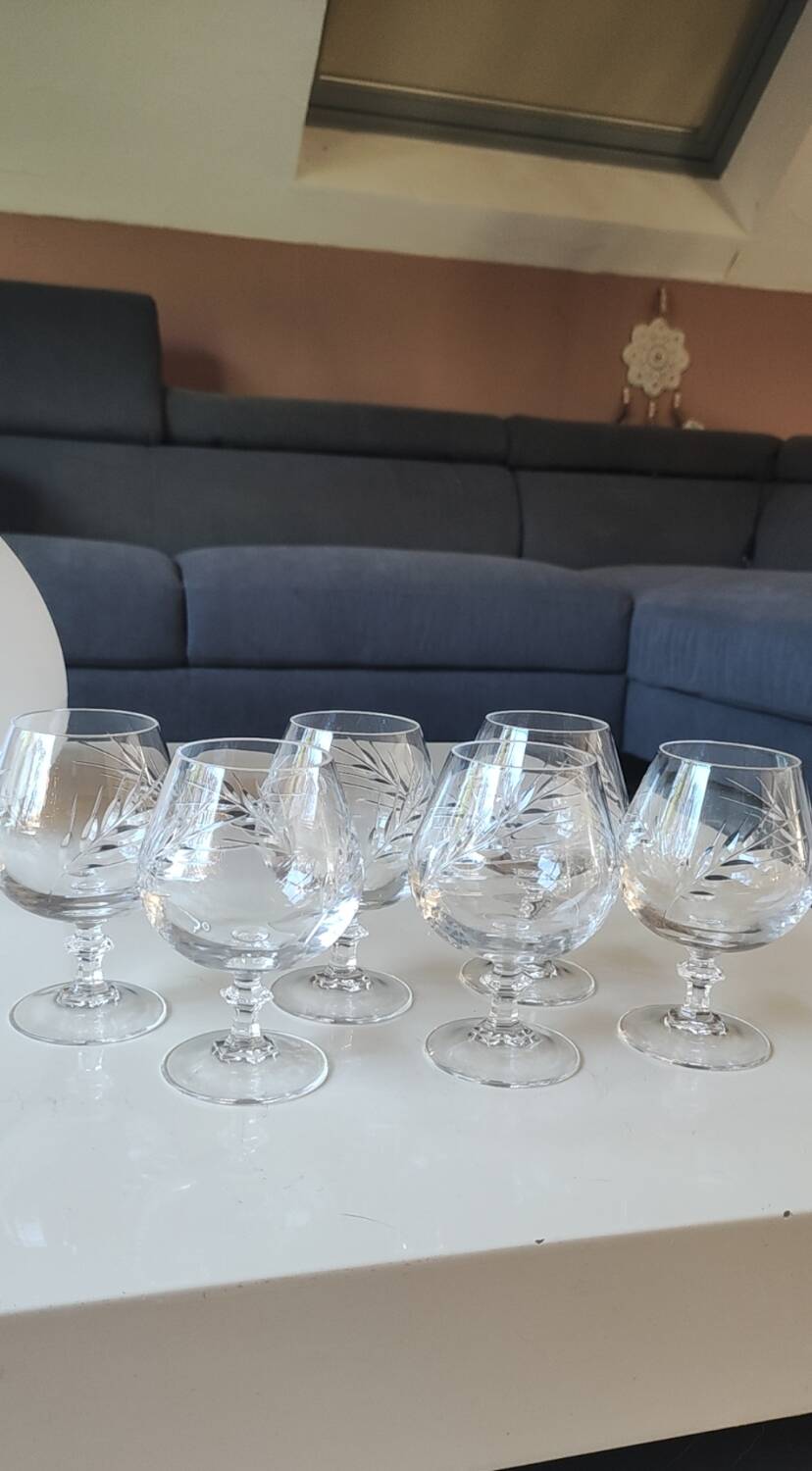 Set of 6 Cognac Glasses. Fleury/Arques Crystal Model. Wheat Ears Design
