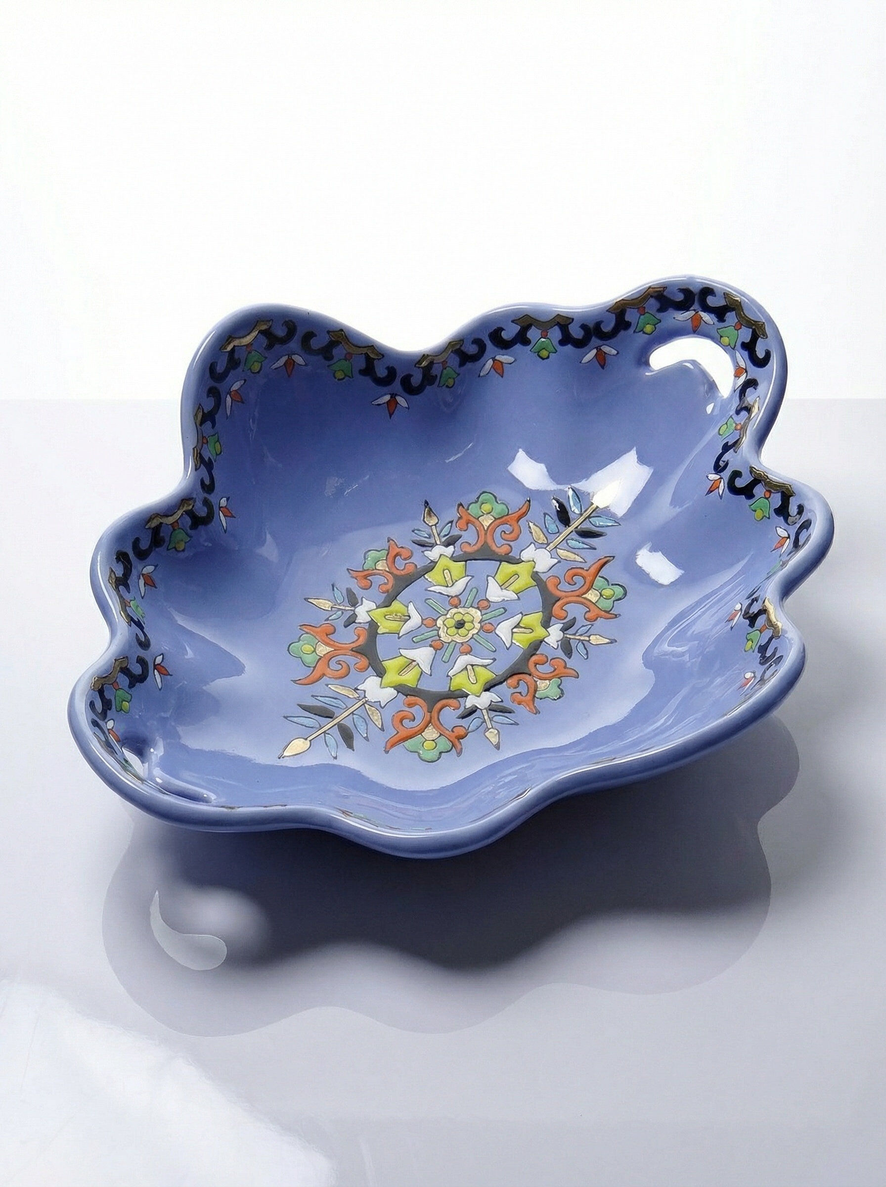 Vintage Chartres model faience and enamel pocket bowl from Longwy.