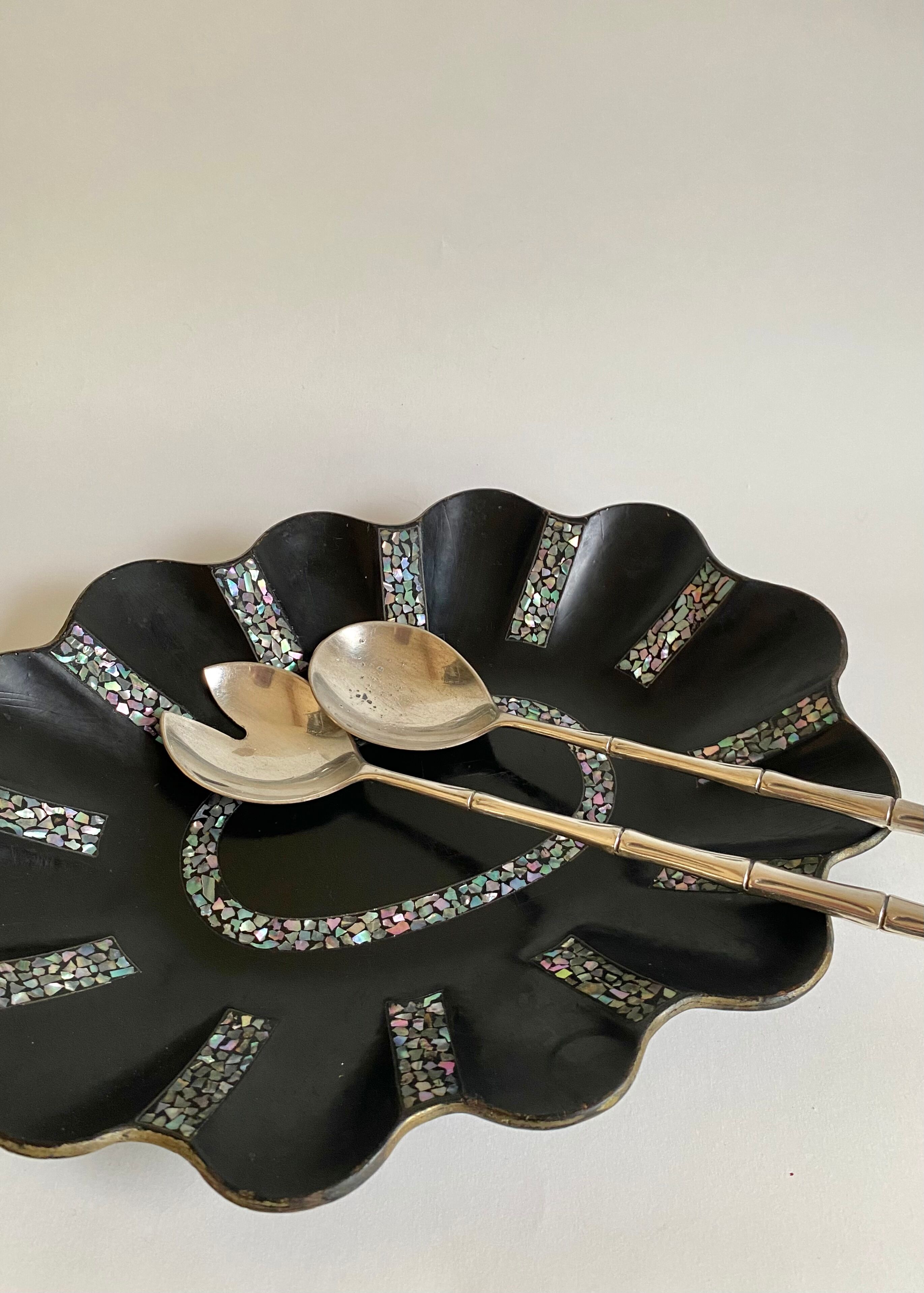 Silver metal service cutlery, bamboo model