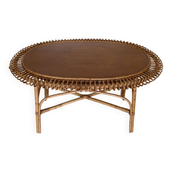Table basse ovale en rotin soleil vintage