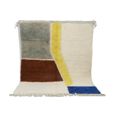 Large Azilal rug 295×210 cm – Contemporary Moroccan rug in ivory wool, blue, ochre, and earth tones, GO-982