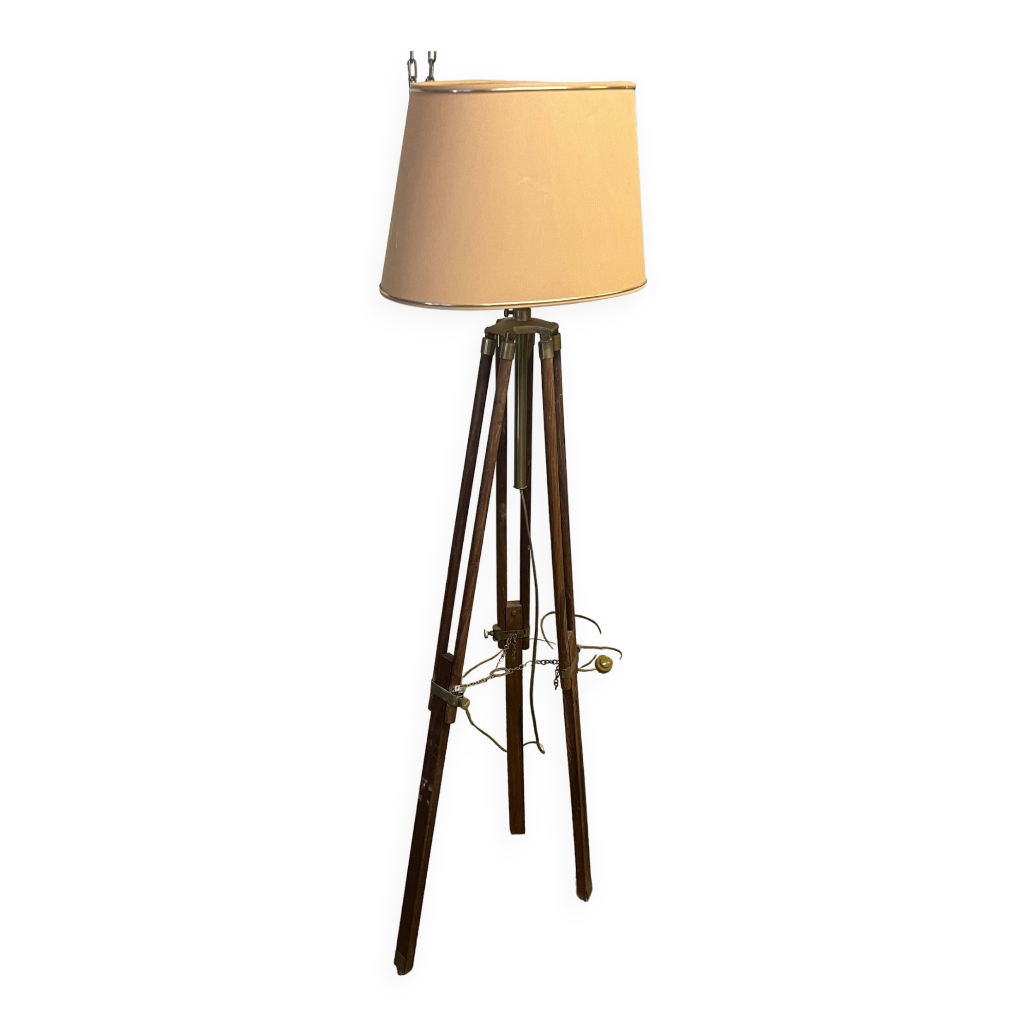 Tripod floor lamp in wood and adjustable brass