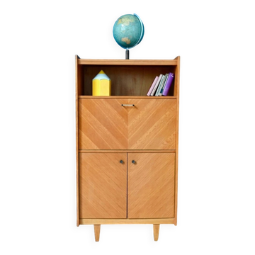 Vintage secretary bookcase from the 50s and 60s, oak with chevron marquetry.