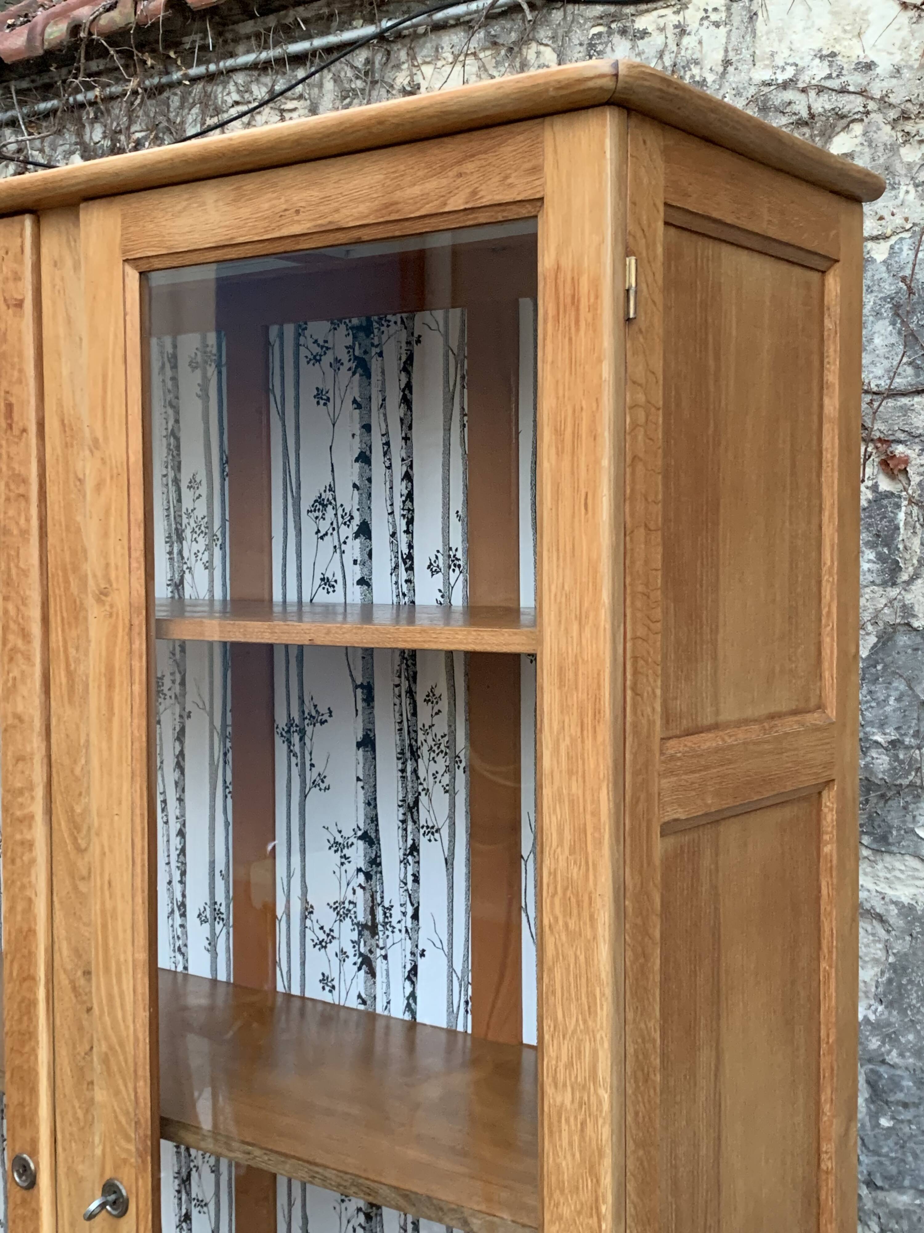 Solid raw oak school glass cabinet 1950