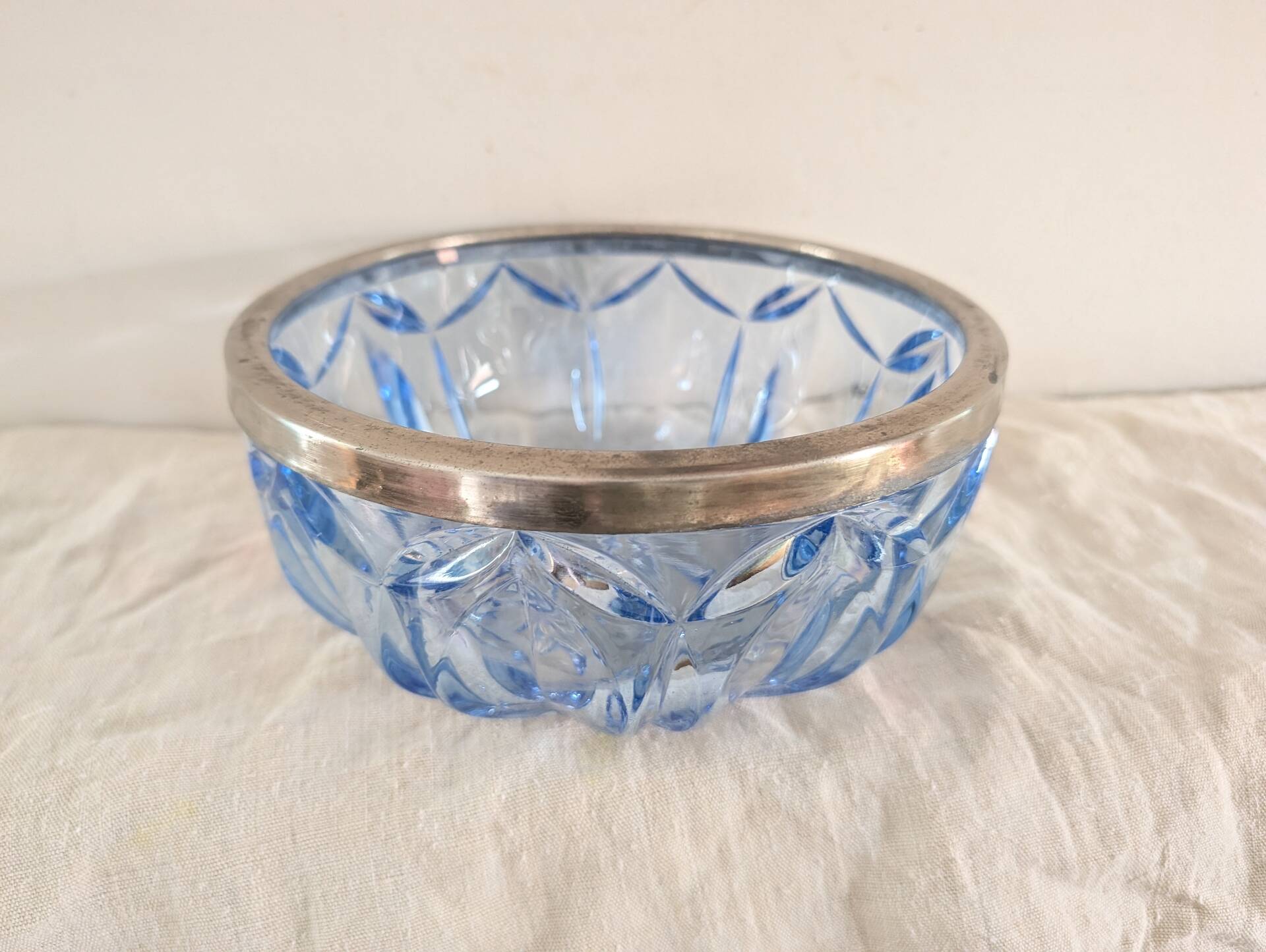 Cut blue glass bowl, silver-plated rim – 1950s-1970s