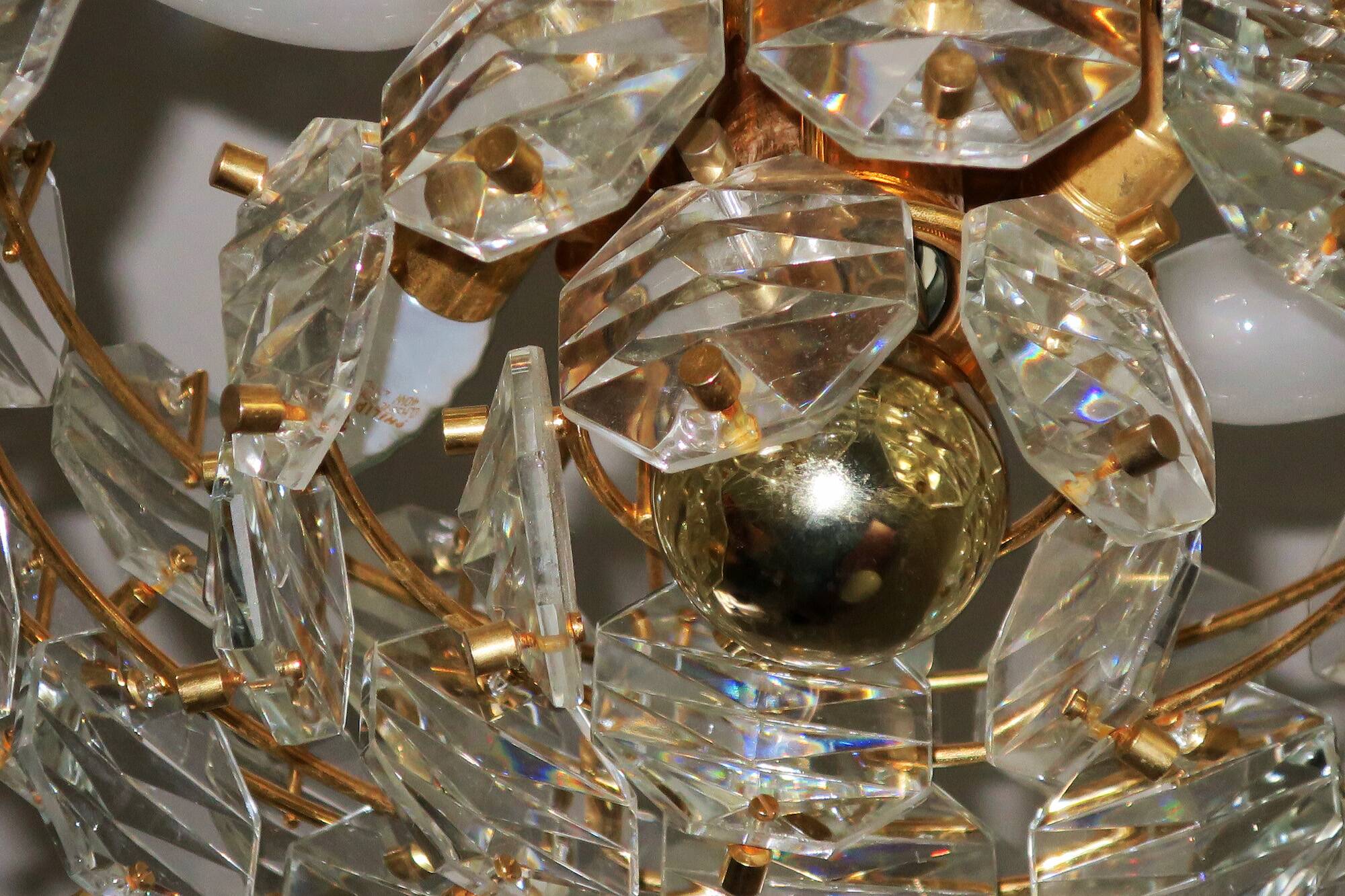 Kinkeldey gold-plated brass and faceted glass chandelier, 1960s