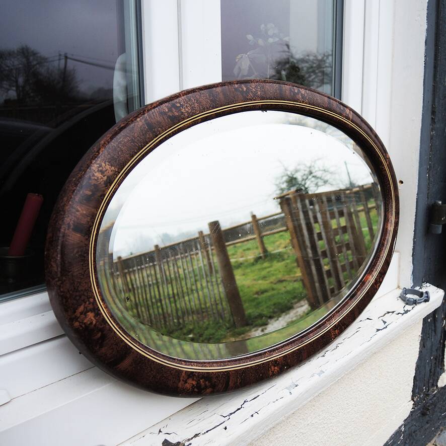 Antique Oval Beveled Mirror with Wooden Frame