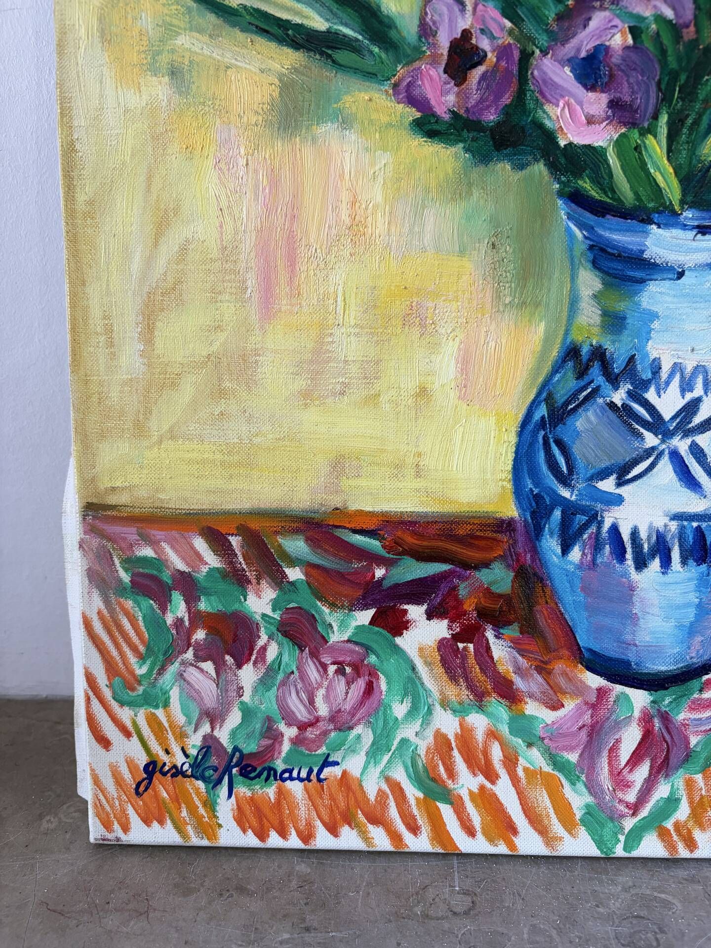 Iris and orange carnations, oil on canvas signed Gisèle Renaut.