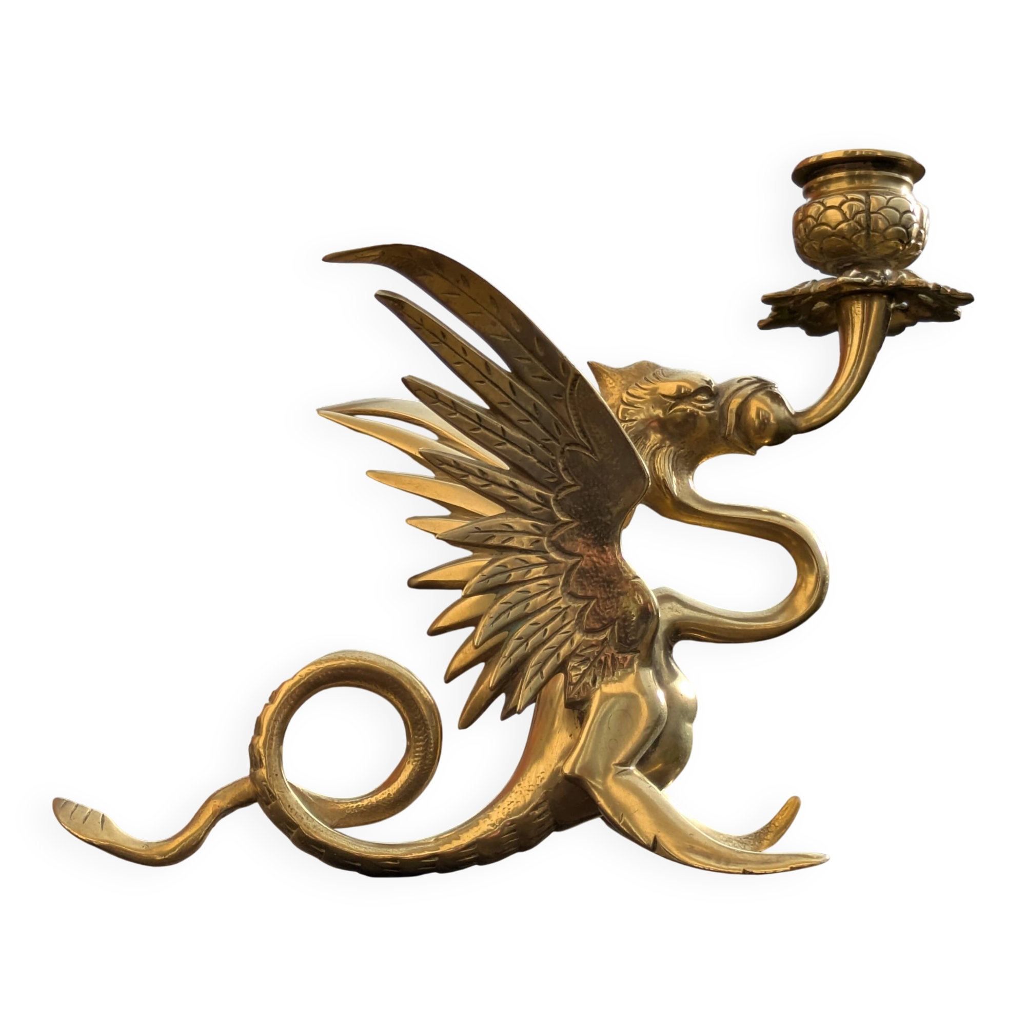 Large Brass Candlestick - Mythological Winged Griffin Dragon - Gothic