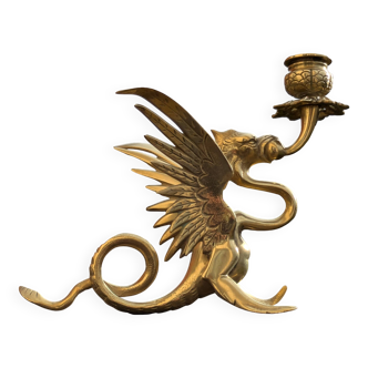 Large Brass Candlestick - Mythological Winged Griffin Dragon - Gothic